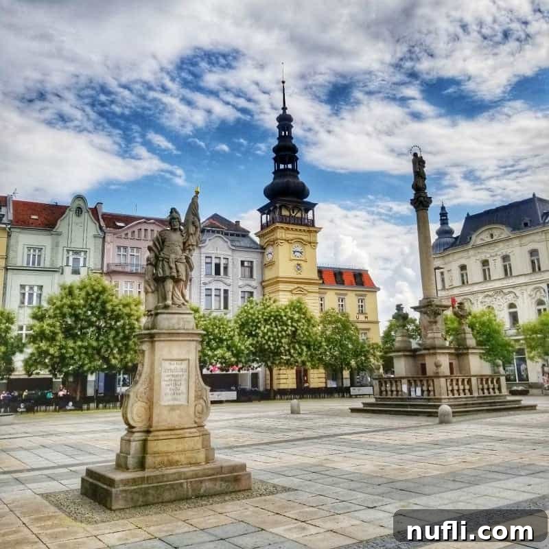 Historic main square in Brno, Czech Republic, featuring colorful baroque buildings and statues under a clear sky