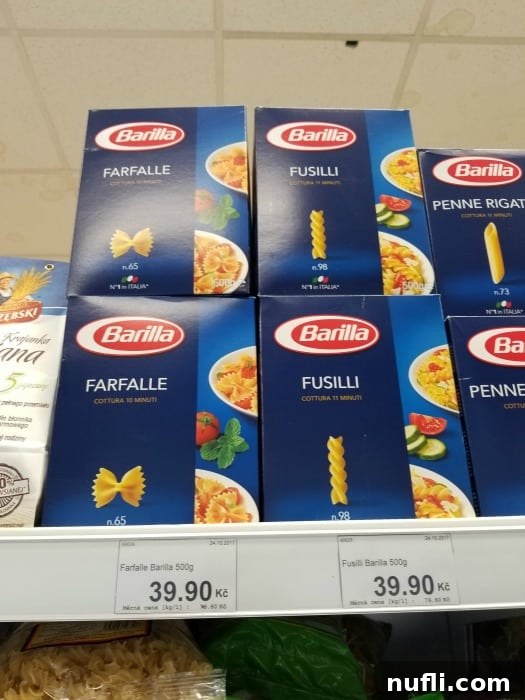 The Real Cost of Groceries in the Czech Republic 18 Barilla pasta boxes on the grocery store shelf