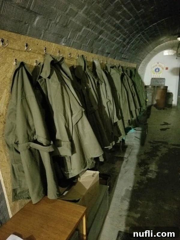 military jackets lining the wall of the bunker 