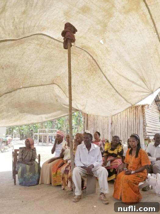 Ugandan villagers gathered under a makeshift tent, representing community engagement and cooperative efforts.