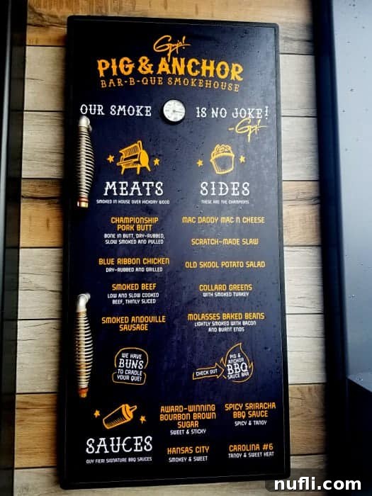 Smoky Bacon Manhattan 3 Guy's Pig & Anchor Bar-B-Que Smokehouse menu board, showcasing various barbecue options and prices.