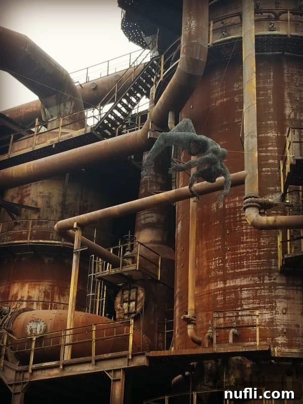 An intriguing figurine hanging by an industrial building within the Dolní Vítkovice complex, showcasing the unique art installations.