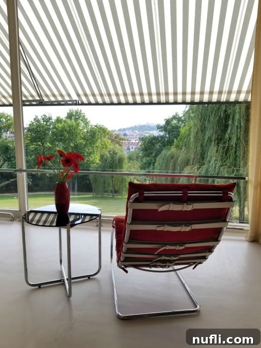 Villa Tugendhat Brnos Modernist Marvel 8 red chair with black table and red vase looking out over the city of Brno