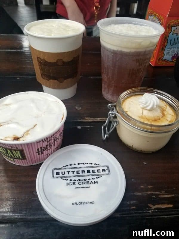 Different types of Butterbeer on a picnic table 