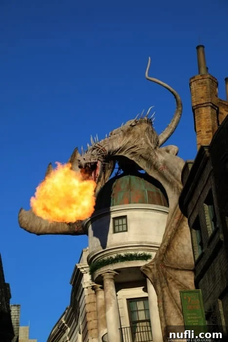 Dragon breathing fire over Diagon Alley