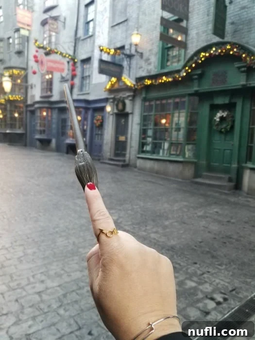 Hand wearing Harry Potter ring holding a wand in Diagon Alley