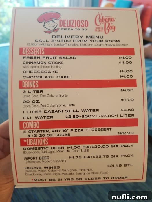 Delizioso Cabana Bay delivery menu featuring desserts, drinks, combos, and libations