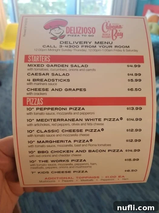 Delizioso Cabana Bay delivery menu showcasing starters and a variety of pizzas available for order