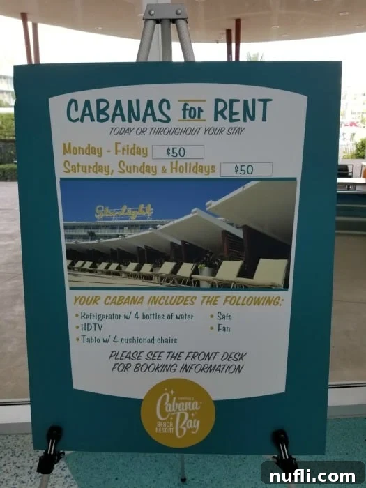 Sign displaying prices and amenities for cabanas available for rent at Cabana Bay Beach Resort