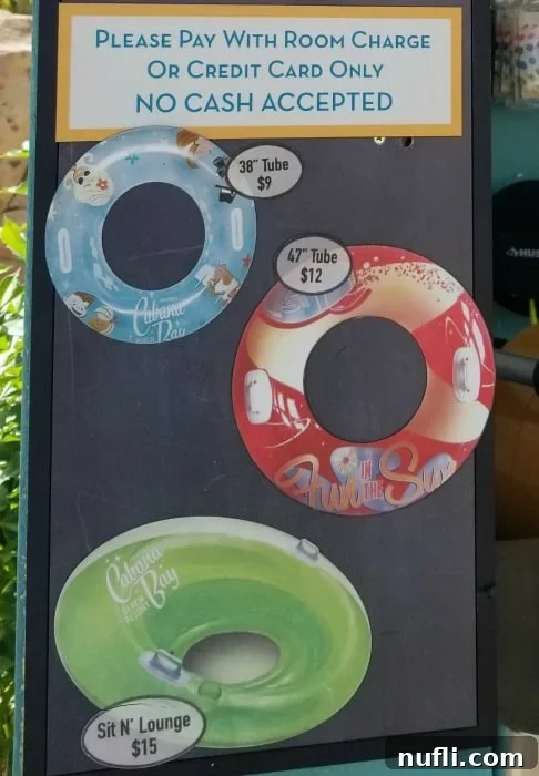 Another view of the Lazy River float shack sign, showcasing more pool floats