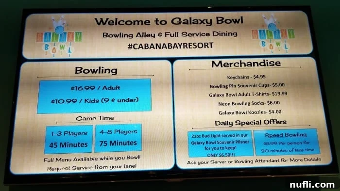 Welcome to Galaxy Bowl sign at Cabana Bay, inviting guests to enjoy bowling