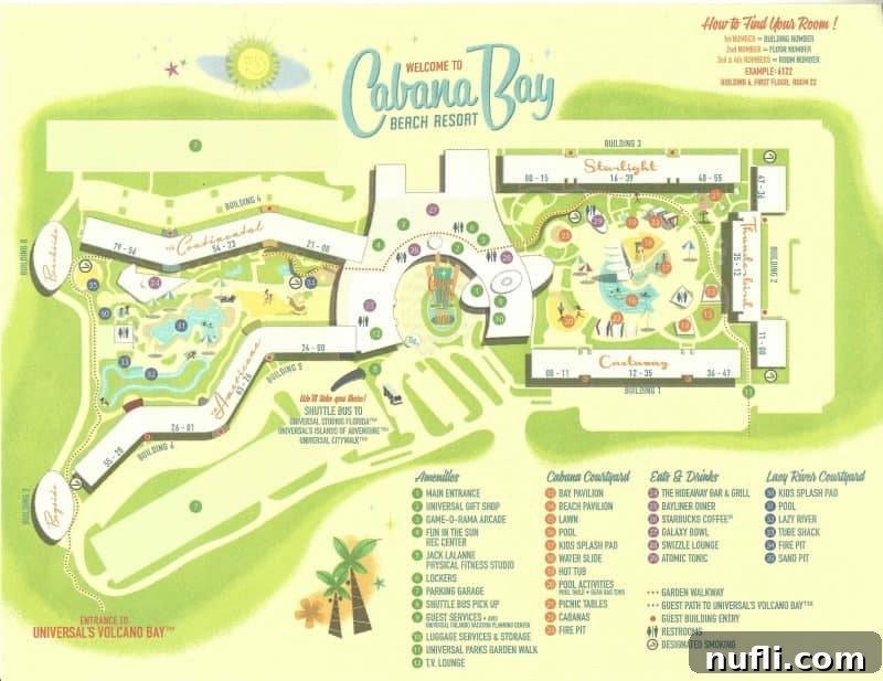 Detailed map of Cabana Bay Beach Resort, showing buildings, pools, dining, and other amenities