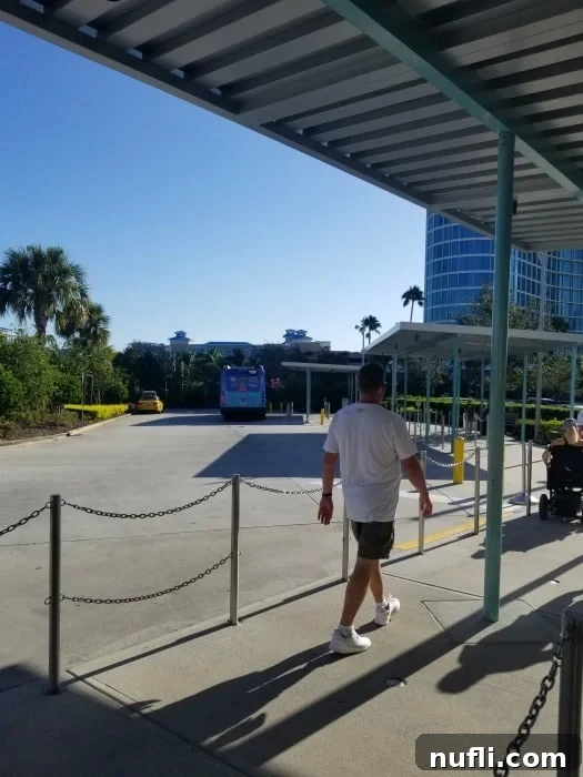 Guests walking in the Universal Orlando bus line area with a shuttle bus waiting nearby, under a sunny sky