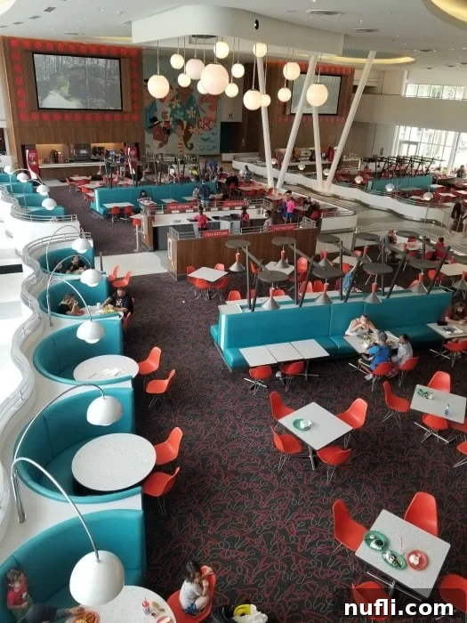 Restaurant interior featuring retro turquoise booths, white tables, red chairs, and wall-mounted TVs playing vintage commercials