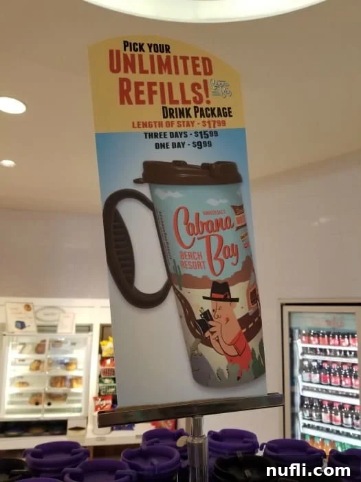 Sign advertising unlimited refills at Cabana Bay, showcasing a range of self-serve beverage options