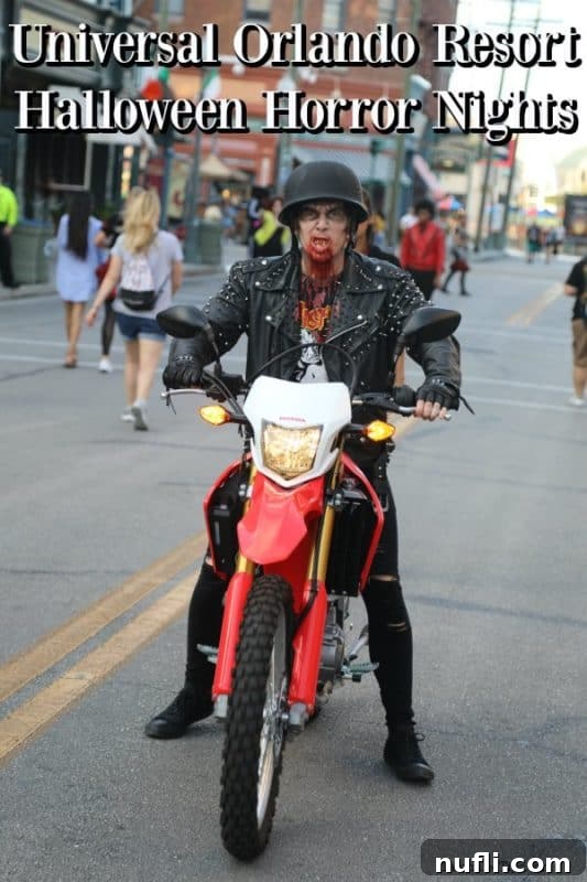 A menacing scare actor on a motorbike at Universal Orlando Resort's Halloween Horror Nights