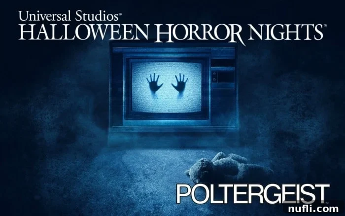 A chilling poster for Poltergeist at Halloween Horror Nights, featuring spectral hands reaching out