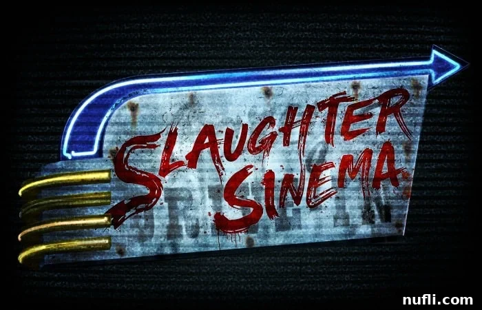 A retro-style poster for Slaughter Sinema, featuring B-movie horror aesthetics and various monstrous creatures