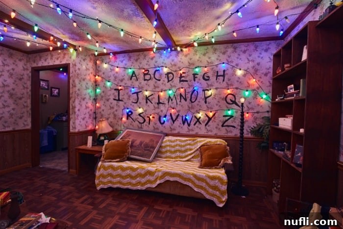 Stranger Things horror room with the alphabet on the wall above a couch 