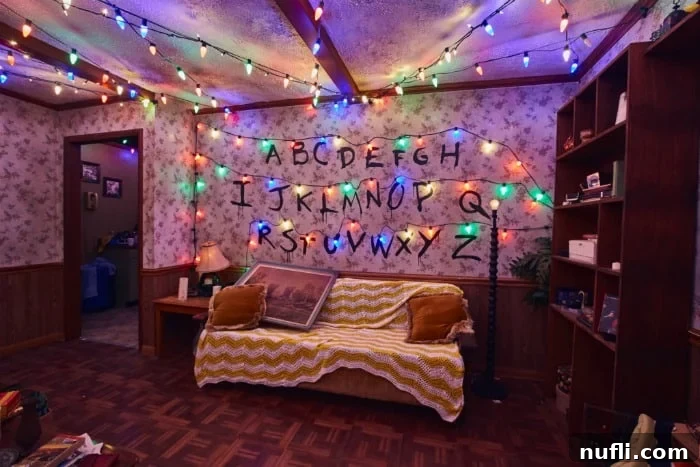 A recreation of the iconic 'Upside Down' room from Stranger Things, with the alphabet painted on the wall above a couch and flickering lights