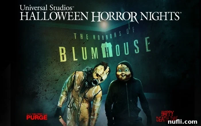 A poster for The Horrors of Blumhouse, featuring imagery from multiple Blumhouse productions including Happy Death Day and The First Purge