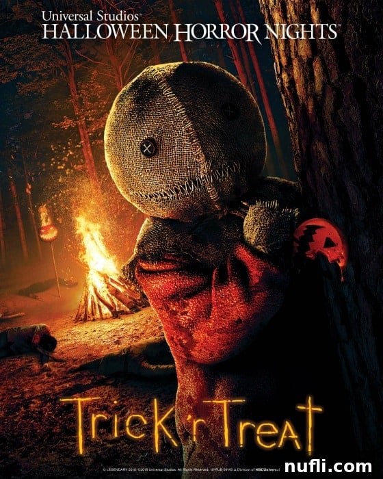 A dark and mysterious poster for Trick 'r Treat, featuring a scarecrow-like figure, Sam, the spirit of Halloween