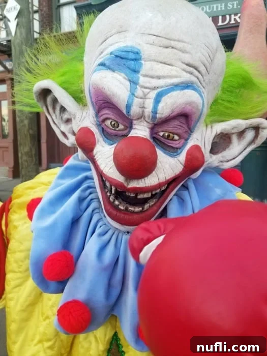 A wild clown with a comically oversized punching glove, ready to scare guests at Halloween Horror Nights