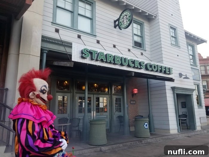 scary clown outside of Starbucks at Universal Orlando 