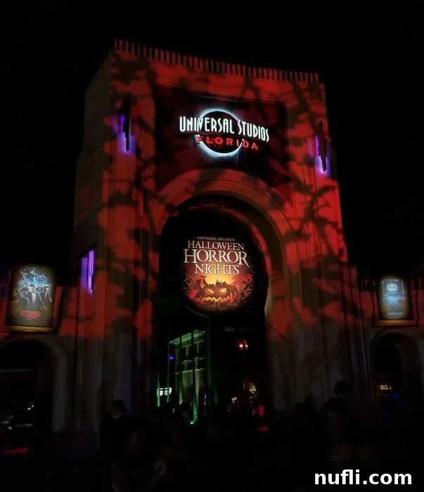 Uniersal Studio Florida Halloween Horror Nights sign with red lights 