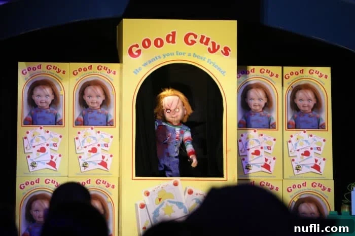A Chucky doll displayed in a menacing Halloween Horror Nights setup, surrounded by eerie lighting