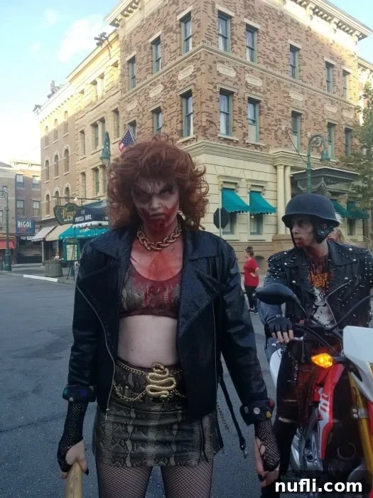 Zombie actors in character, roaming the streets at Halloween Horror Nights, creating a truly immersive scare zone