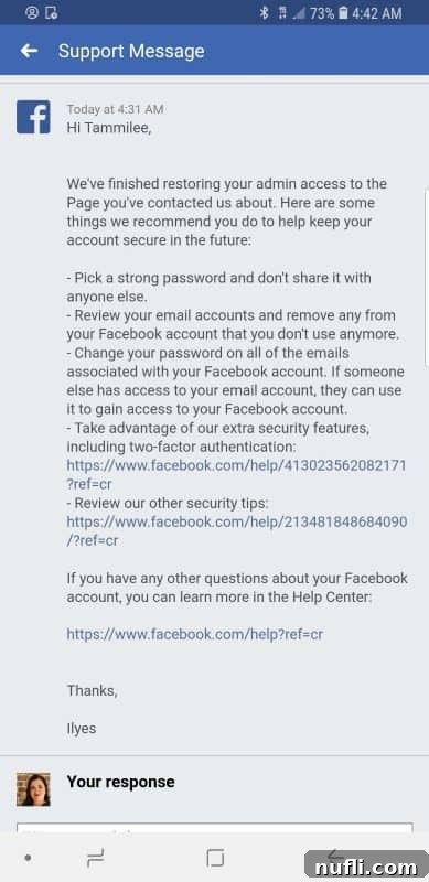 Facebook support message confirming initial access restoration