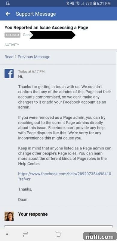 Facebook support message indicating access reversal