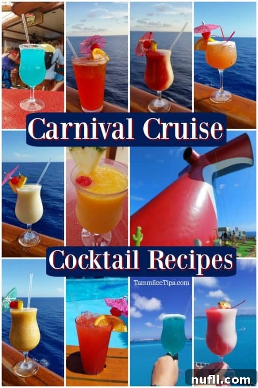 Multiple carnival cruise drink recipe photos with the ocean in the background