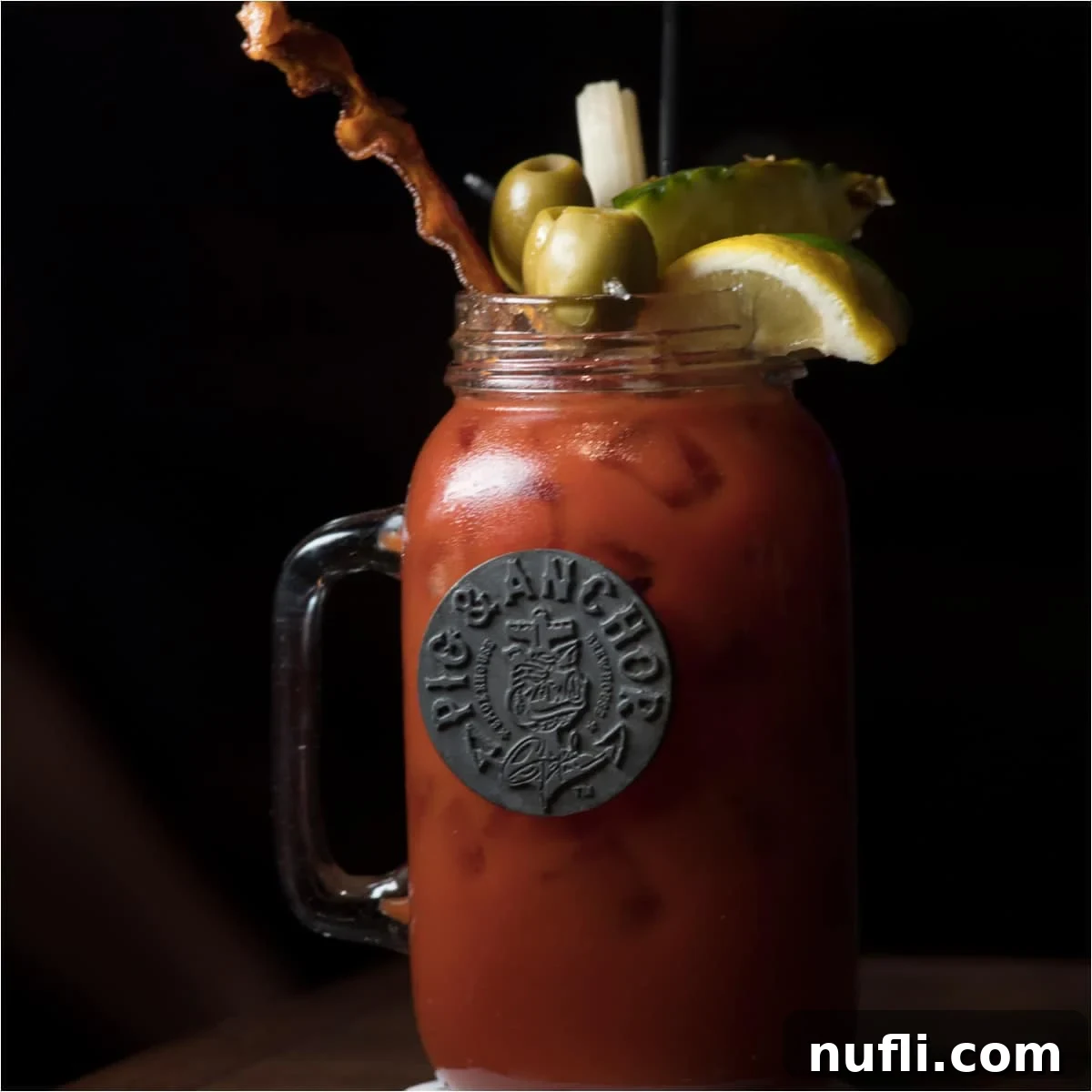 bloody mary cocktail in a large mason jar glass garnished with bacon, olives, and lemon
