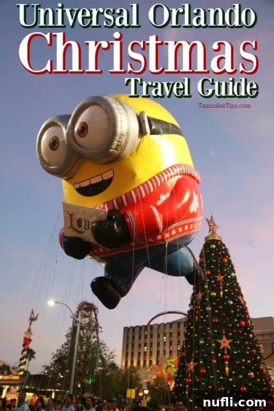 Universal Orlando Christmas Travel Guide with a Minion float by holiday trees