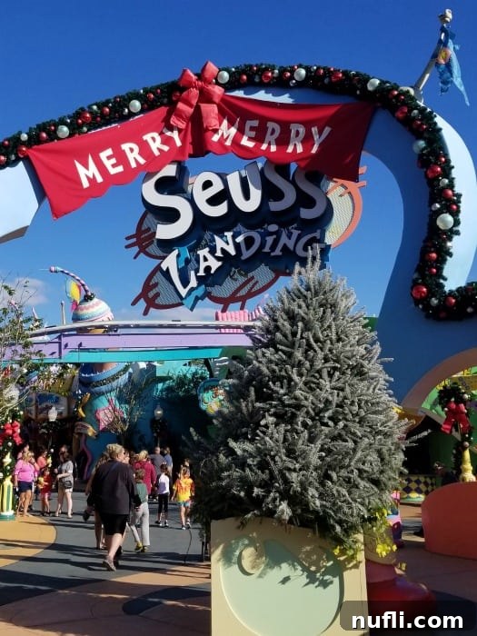 Merry Merry Seuss Landing sign with holiday decorations 