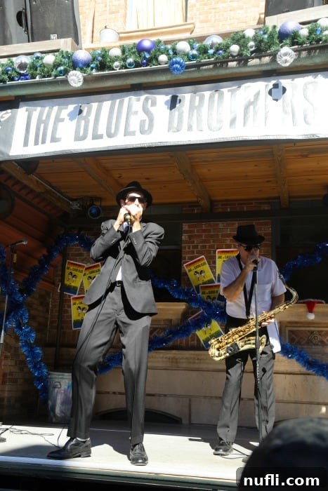 Blues Brothers show with holiday decorations 
