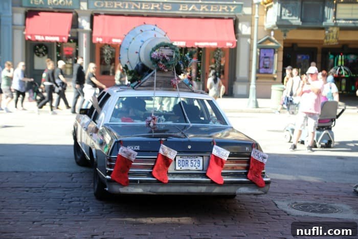 Blues Brothers car with holiday decorations in Universal Orlando 