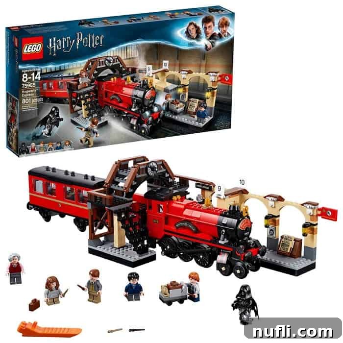 The iconic LEGO Harry Potter Hogwarts Express set, complete with minifigures and platform details, ready for a magical journey.