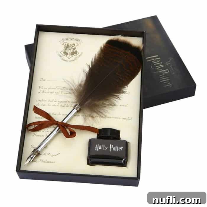 A classic Harry Potter writing quill and ink set, evoking the traditional methods of wizarding communication and education.