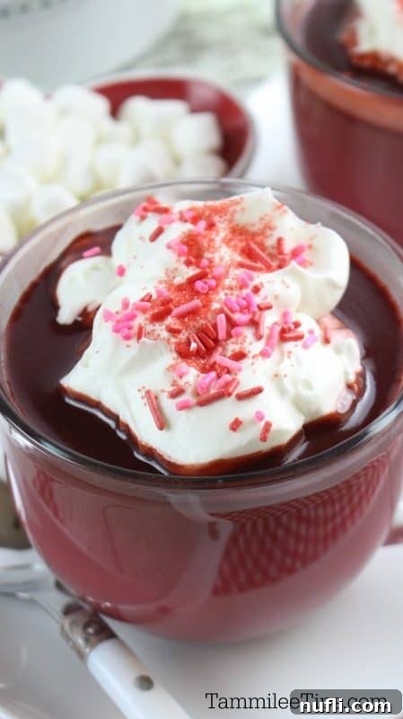 A second view of Red Velvet Hot Chocolate in a glass coffee mug, showing its vibrant red color and smooth texture.