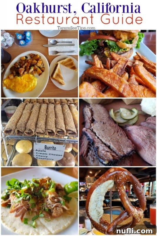 A visual guide to Oakhurst's diverse culinary offerings, featuring six delectable dishes: a hearty breakfast plate, a juicy burger, sweet doughnuts, savory barbecue, authentic tacos, and a classic pretzel.