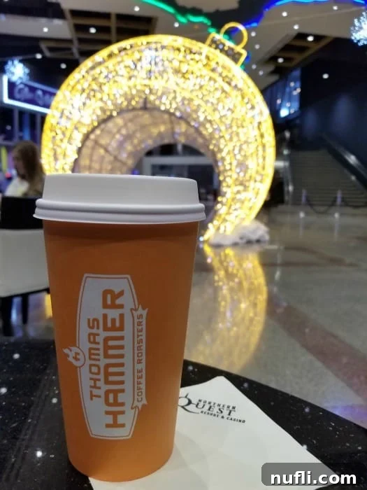 Thomas Hammer coffee cup in front of a festive holiday light structure