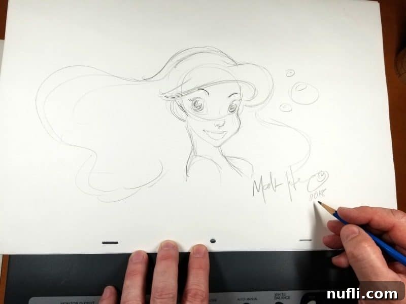 A stunning hand-drawn sketch of Ariel from The Little Mermaid by Mark Henn