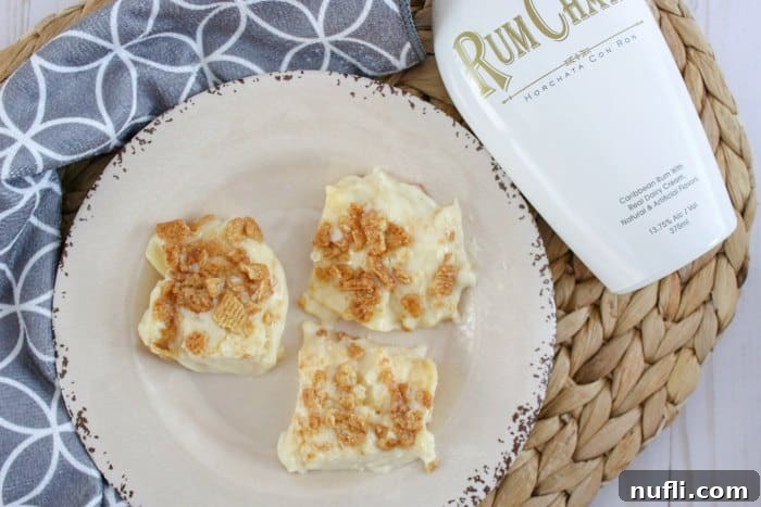 Decadent RumChata Fudge 3 A serene display of creamy RumChata fudge resting on a pristine white plate, accompanied by a bottle of the namesake liqueur.