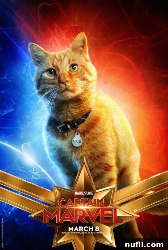 Dynamic Captain Marvel movie poster featuring Brie Larson as Carol Danvers in a powerful pose.