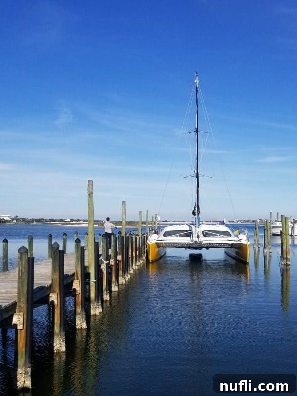 sail wild hearts catamaran sail boat at the end of a wooden dock