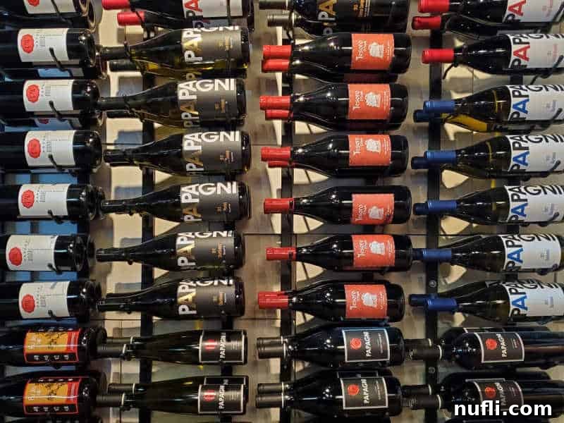 A display of Papagni wine bottles neatly arranged on a rack, showcasing their diverse selection.