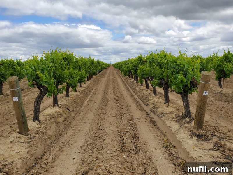 Neat rows of grape vines at Ficklin Vineyards, with rich dirt between them, indicating a well-tended vineyard.